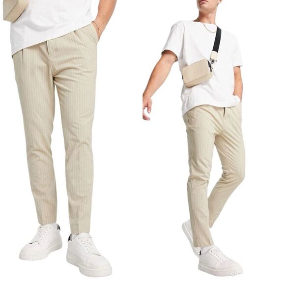 ASOS Design Tapered Fit Pinstripe Stripe Stone Trousers Dress Pants - Picture 1 of 11